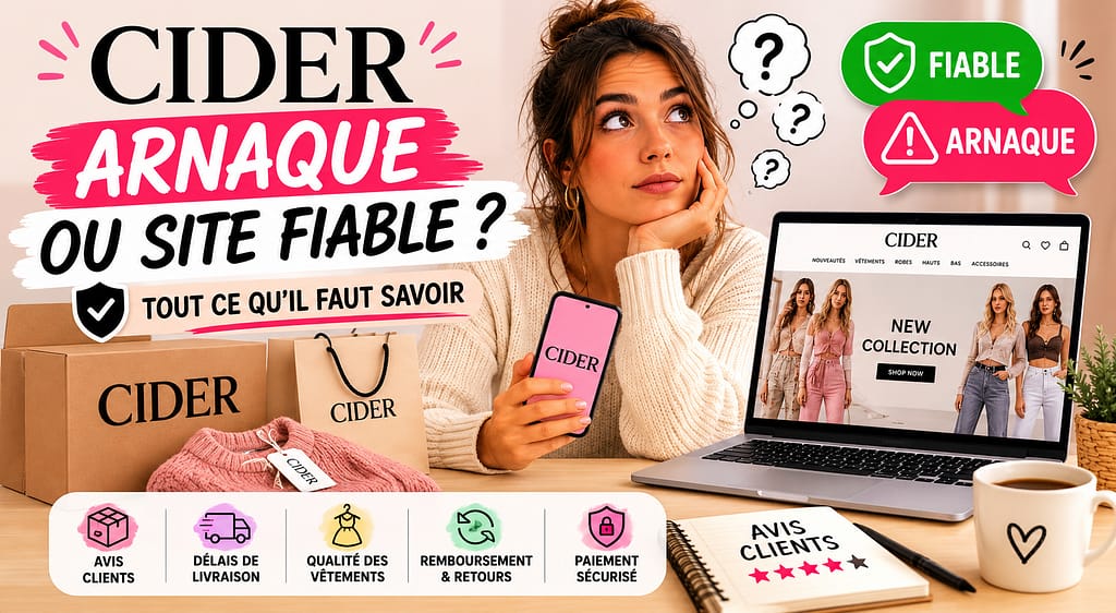 CIDER arnaque ou site fiable : cliente hésitant avant une commande de vêtements CIDER avec avis clients, livraison, remboursement et sécurité du site illustrés dans un visuel mode moderne.
