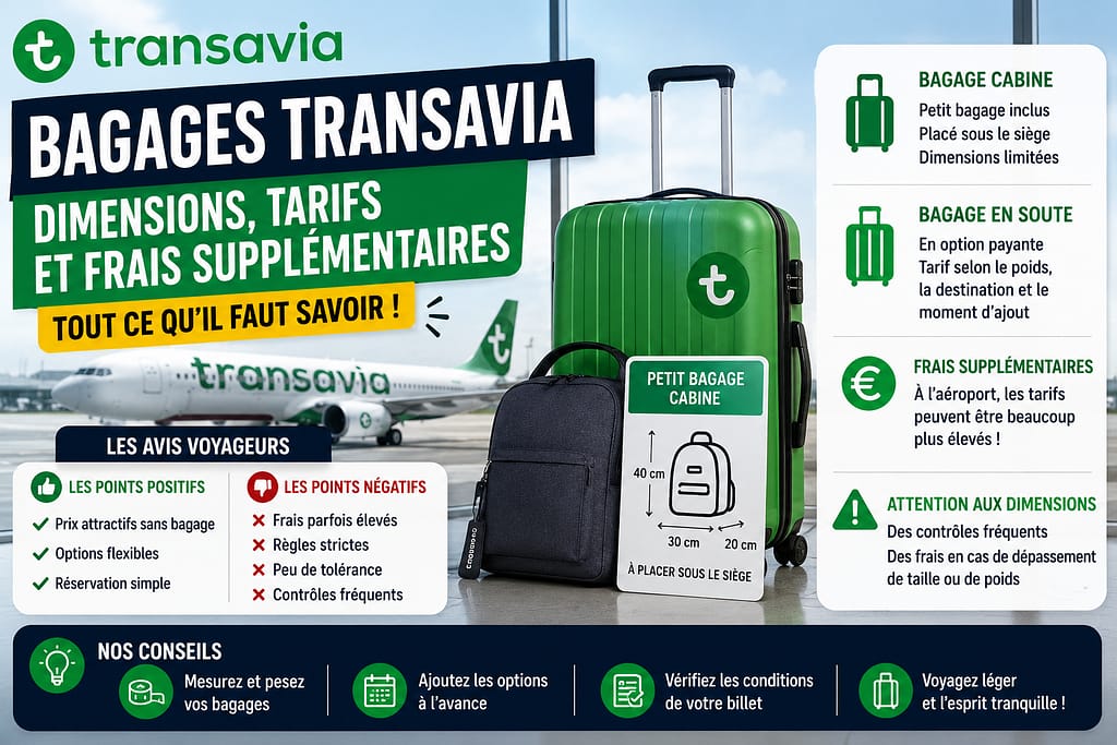 Bagages Transavia : valises cabine et bagages en soute devant un avion Transavia avec informations sur les dimensions, tarifs, frais supplémentaires et règles bagages de la compagnie.