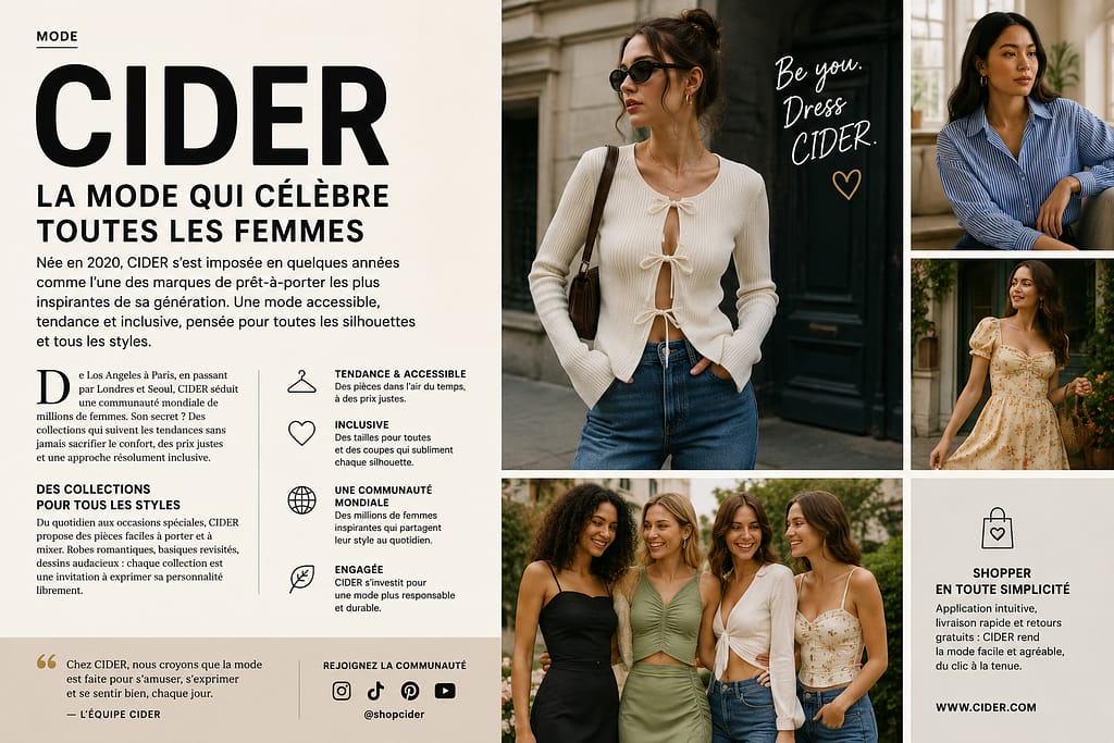 CIDER livraison : jeunes femmes portant des vêtements tendance de la marque CIDER dans un visuel mode moderne et lifestyle illustrant la livraison rapide et l’univers fashion de l’enseigne.
