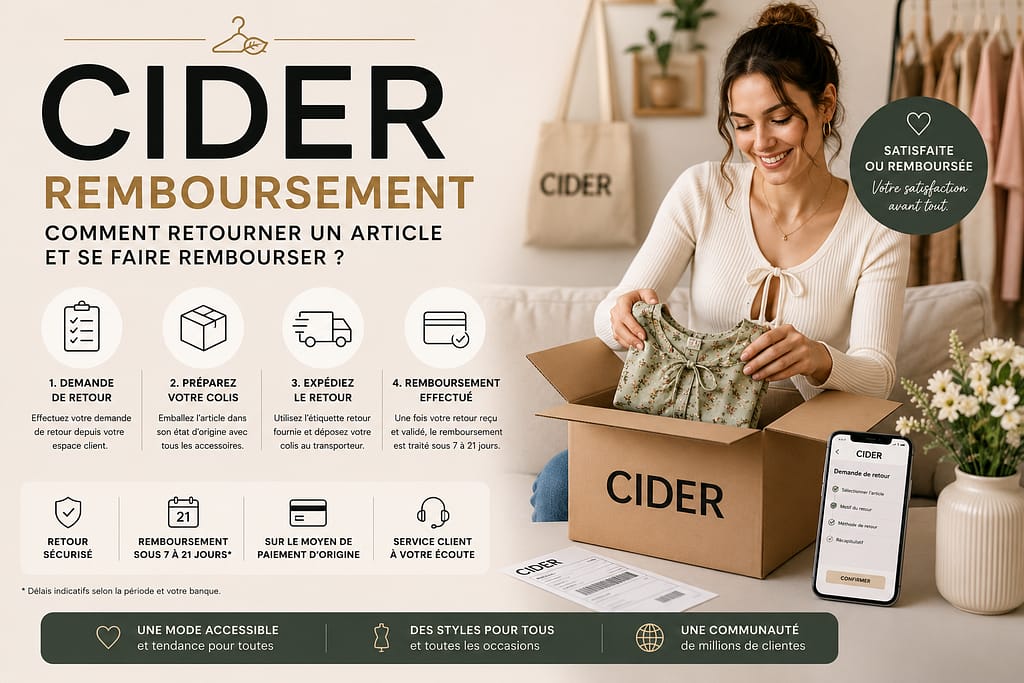 Remboursement CIDER : cliente préparant le retour d’un vêtement CIDER dans un colis avec guide de remboursement et procédure de retour illustrée dans un visuel mode moderne.