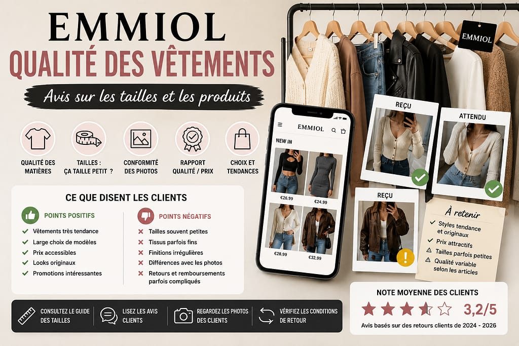 EMMIOL qualité des vêtements : avis sur les tailles, matières, conformité des produits et expérience des consommateurs