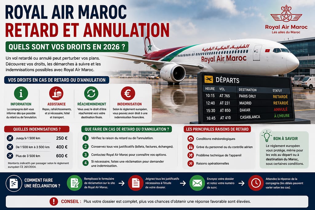 ROYAL AIR MAROC RETARD ET ANNULATION : quels sont vos droits en 2026.