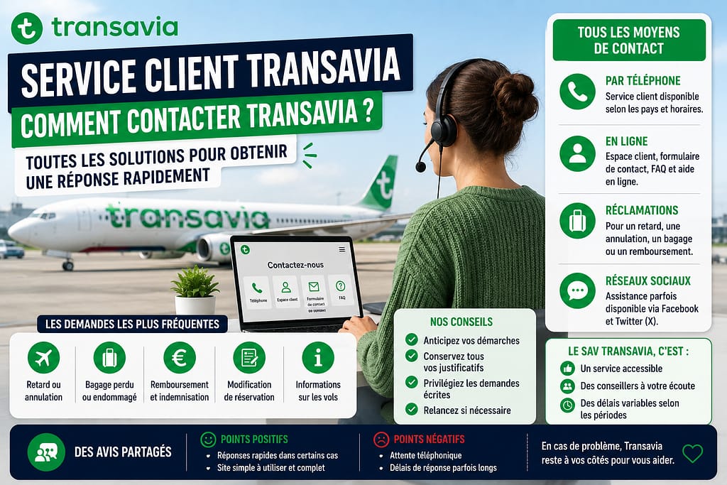Service client Transavia : conseillère avec casque devant un avion Transavia illustrant les contacts, remboursements, réclamations et assistance voyageurs de la compagnie aérienne.