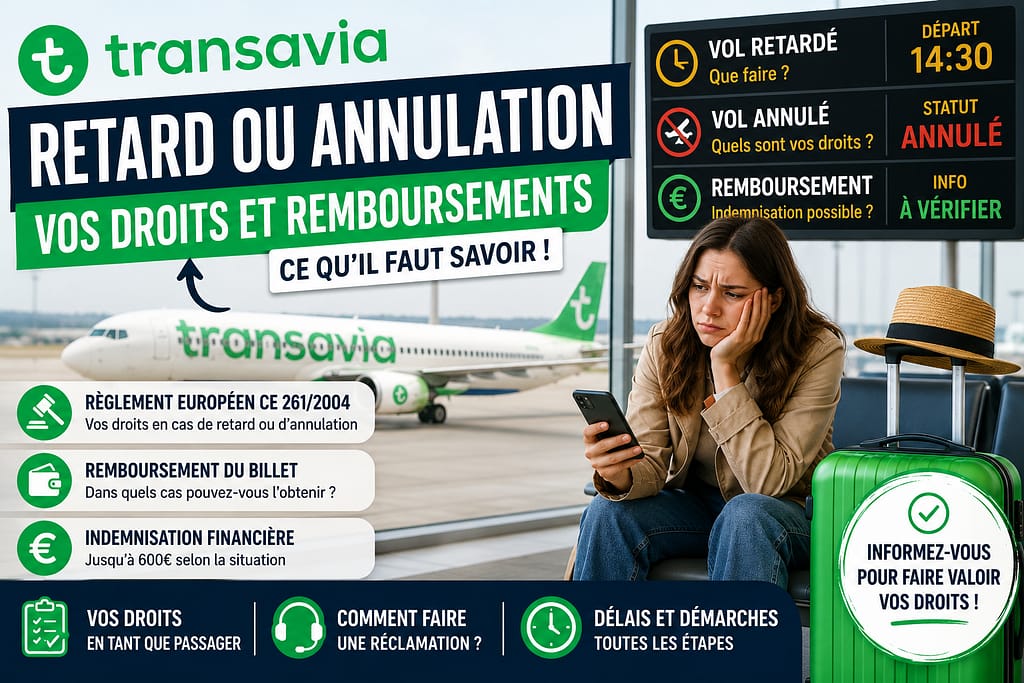 Retard ou annulation Transavia : voyageuse bloquée à l’aéroport devant un panneau de vol annulé avec informations sur les remboursements, indemnisations et droits des passagers.