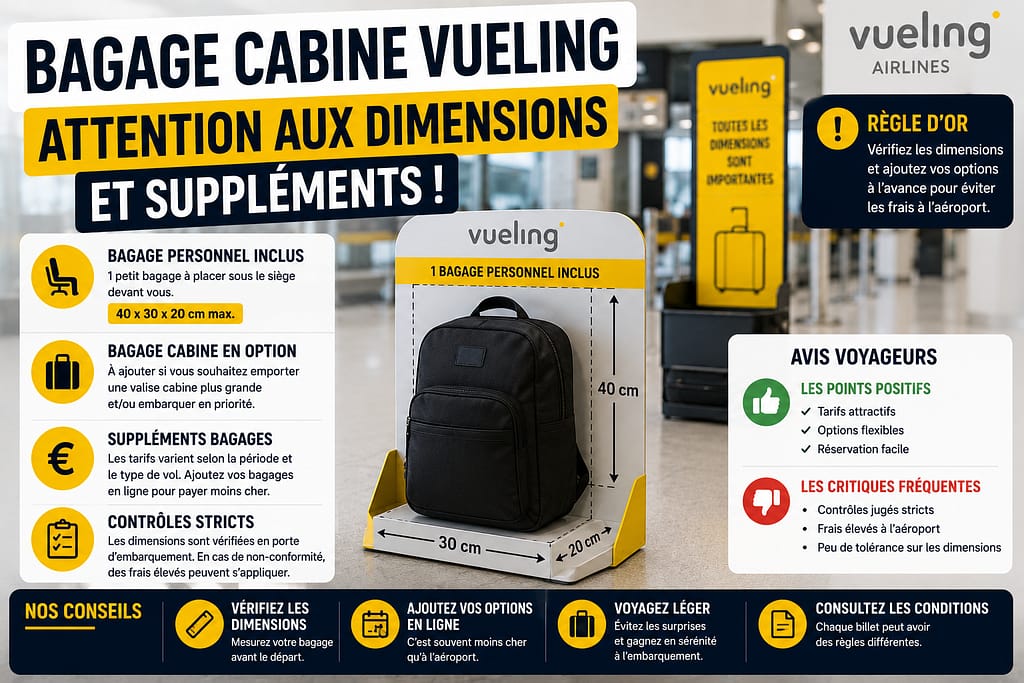 VUELING bagage en cabine attention aux dimensions et suppléments.