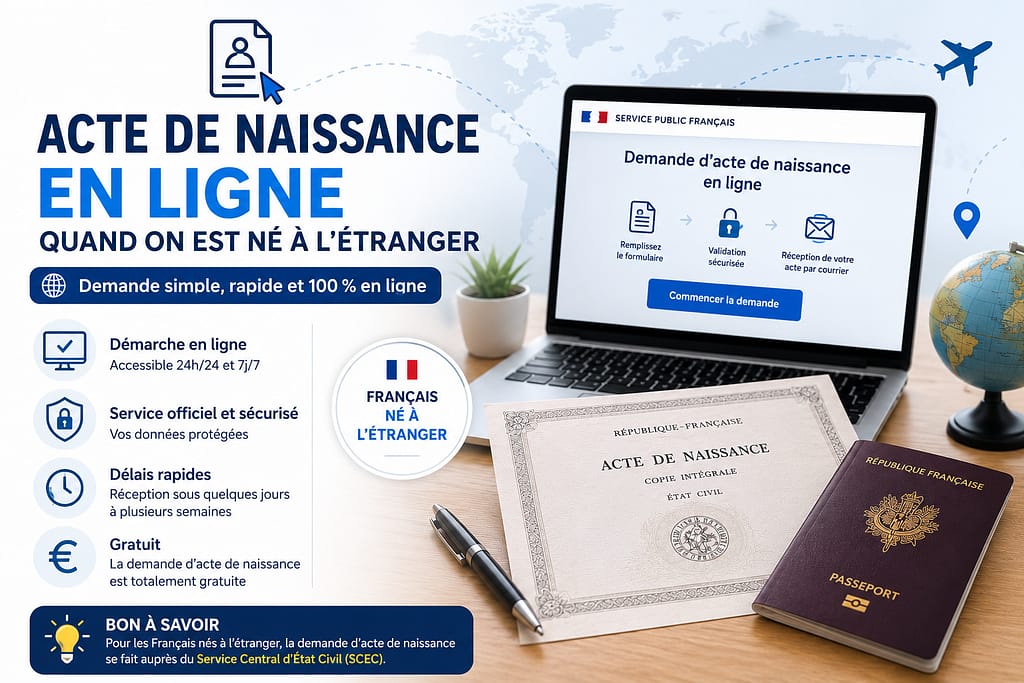 Demande acte de naissance en ligne quand on est né à l'étranger : faire une demande simple, rapide, gratuite et 100 % en ligne.