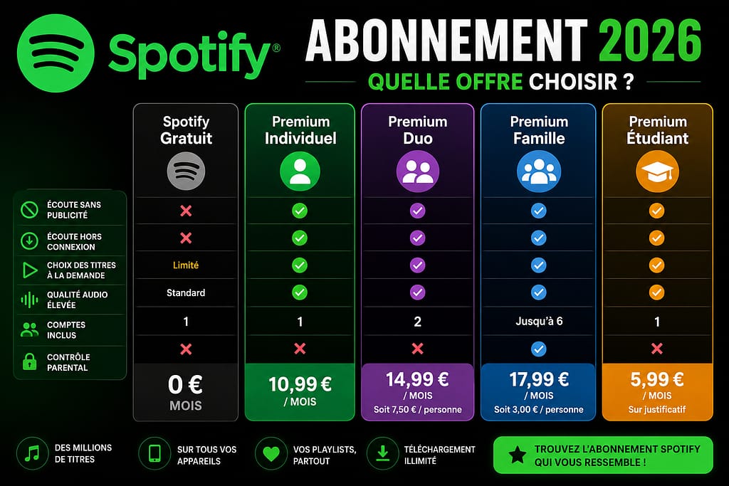 SPOTIFY ABONNEMENT 2026 : toutes les formules.