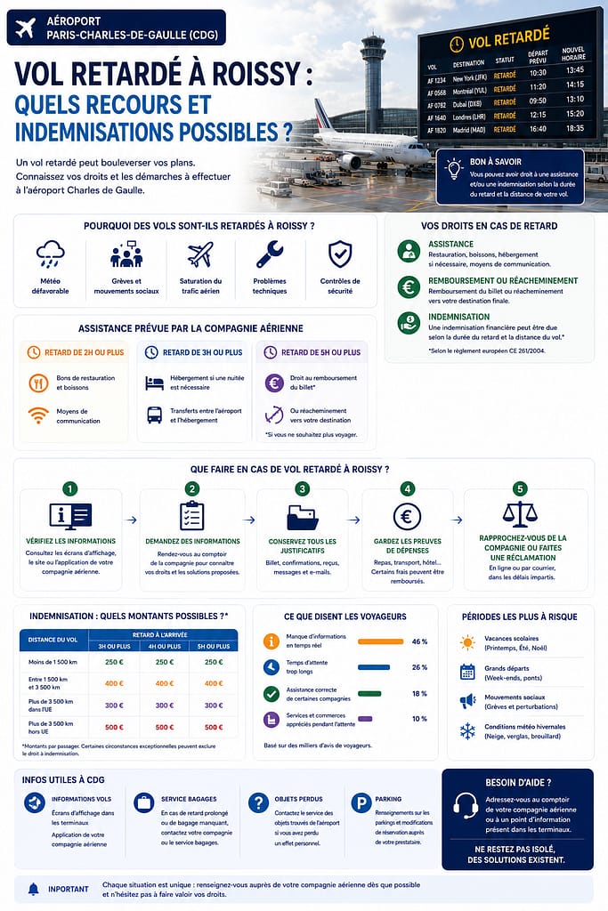 Vol retardé à Roissy Charles de gaulle : quels recours et indemnisations possibles ?
